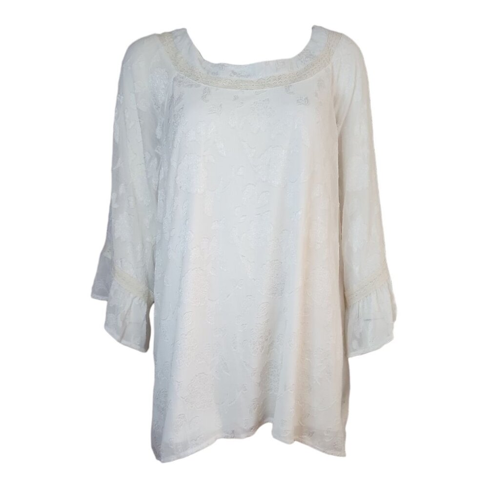 Honey Belle Top Womens Plus Size 3X Solid White Lace Embroidered Boho Floral
